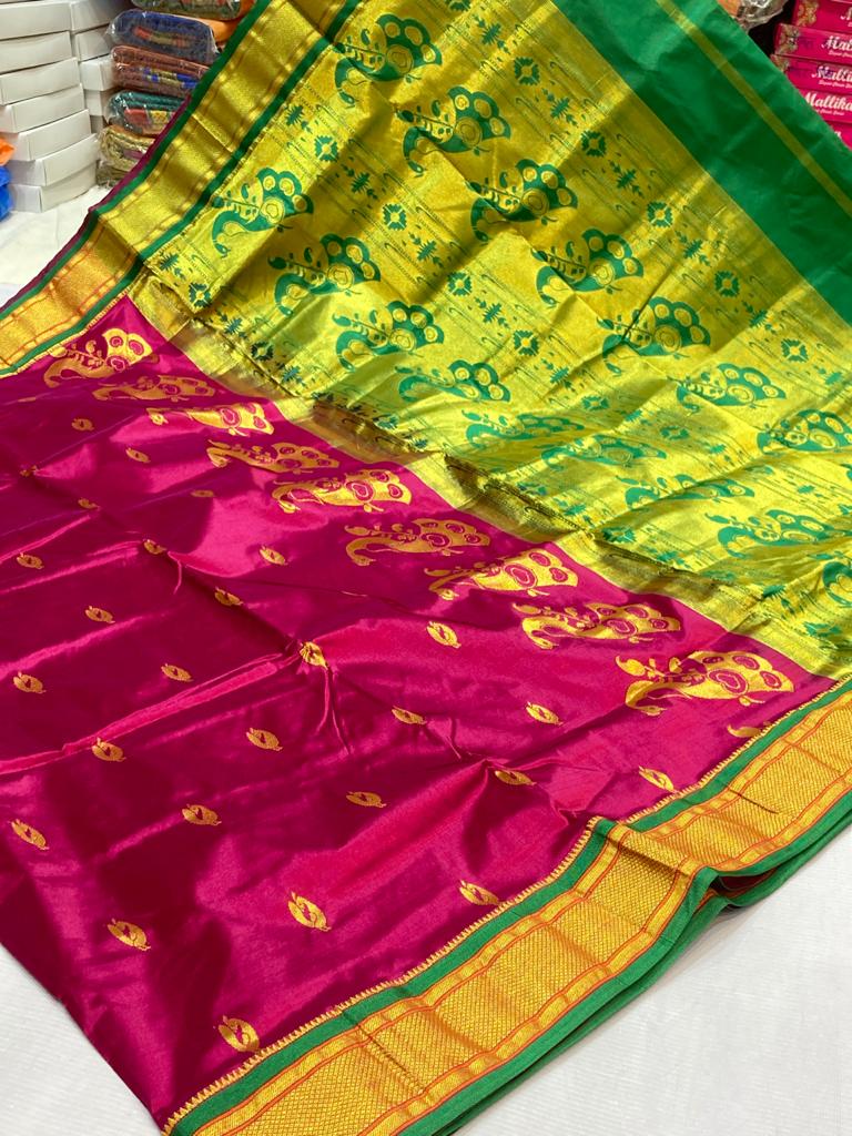 Pink Semi paithani Saree with Contrast blouse