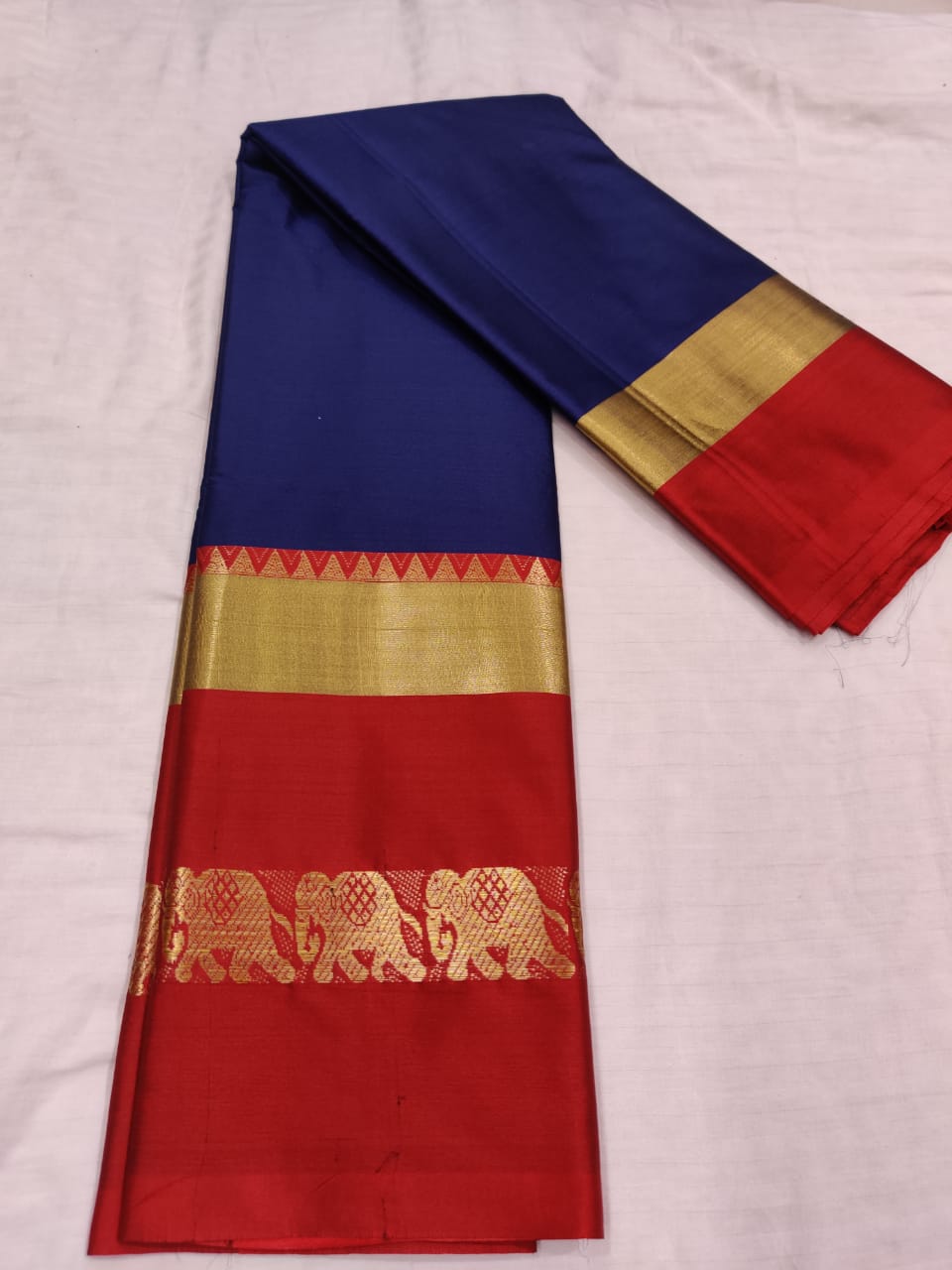 Kanchi Big Border Soft Sico  Silk  Blue & Red Combination Saree