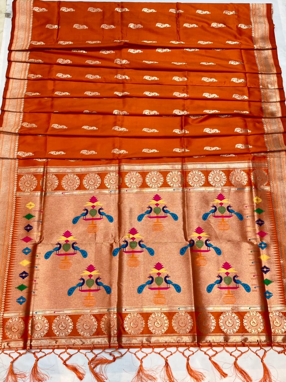 Semi Paithani Orange Silk Saree