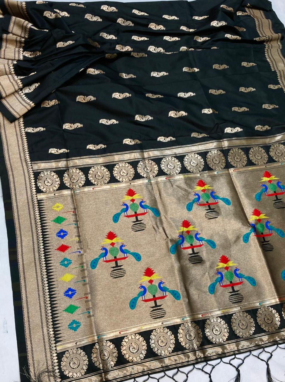 Semi Paithani Black Silk Saree