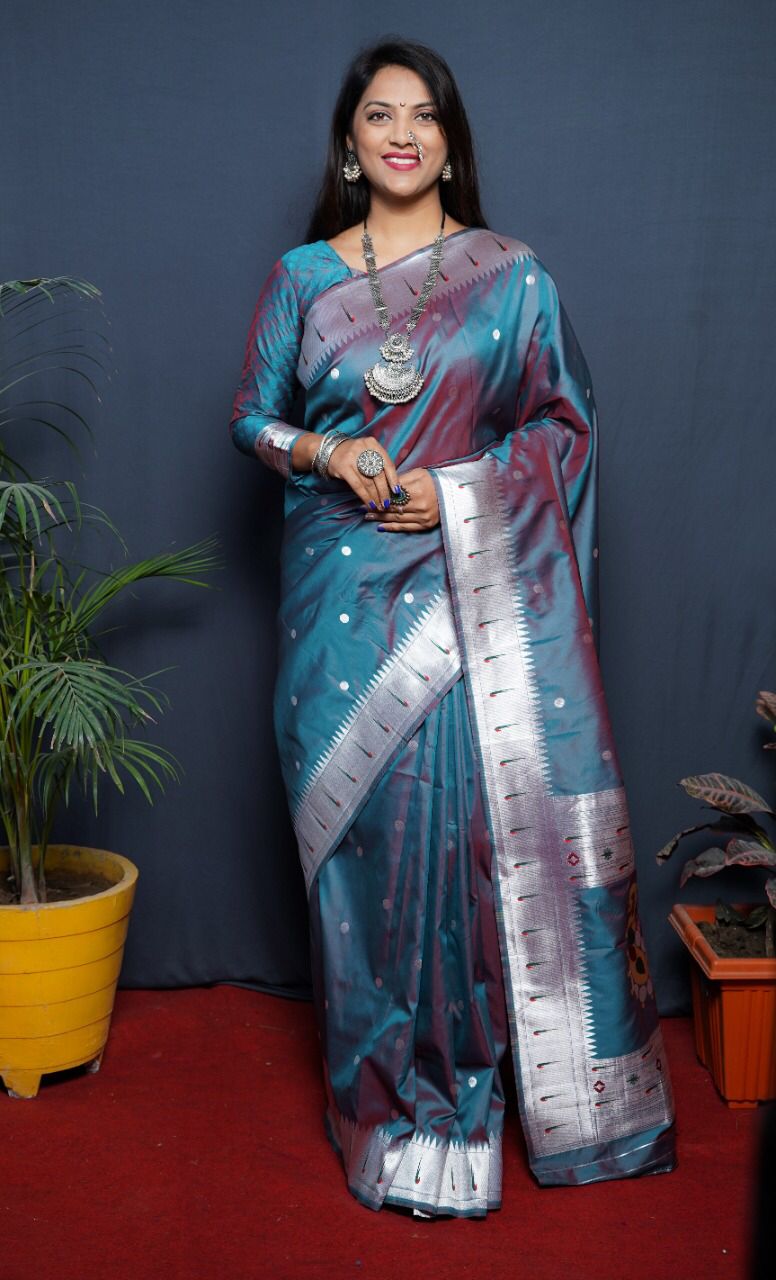Sky Blue Beautiful soft pure Silk Paithani Saree with Meenakari Work