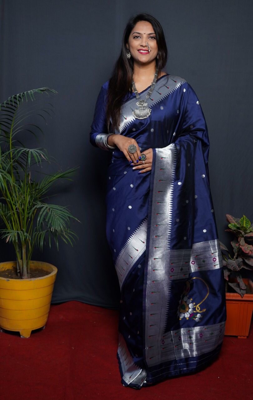 Navy Blue Beautiful soft pure Silk Paithani Saree with Meenakari Work