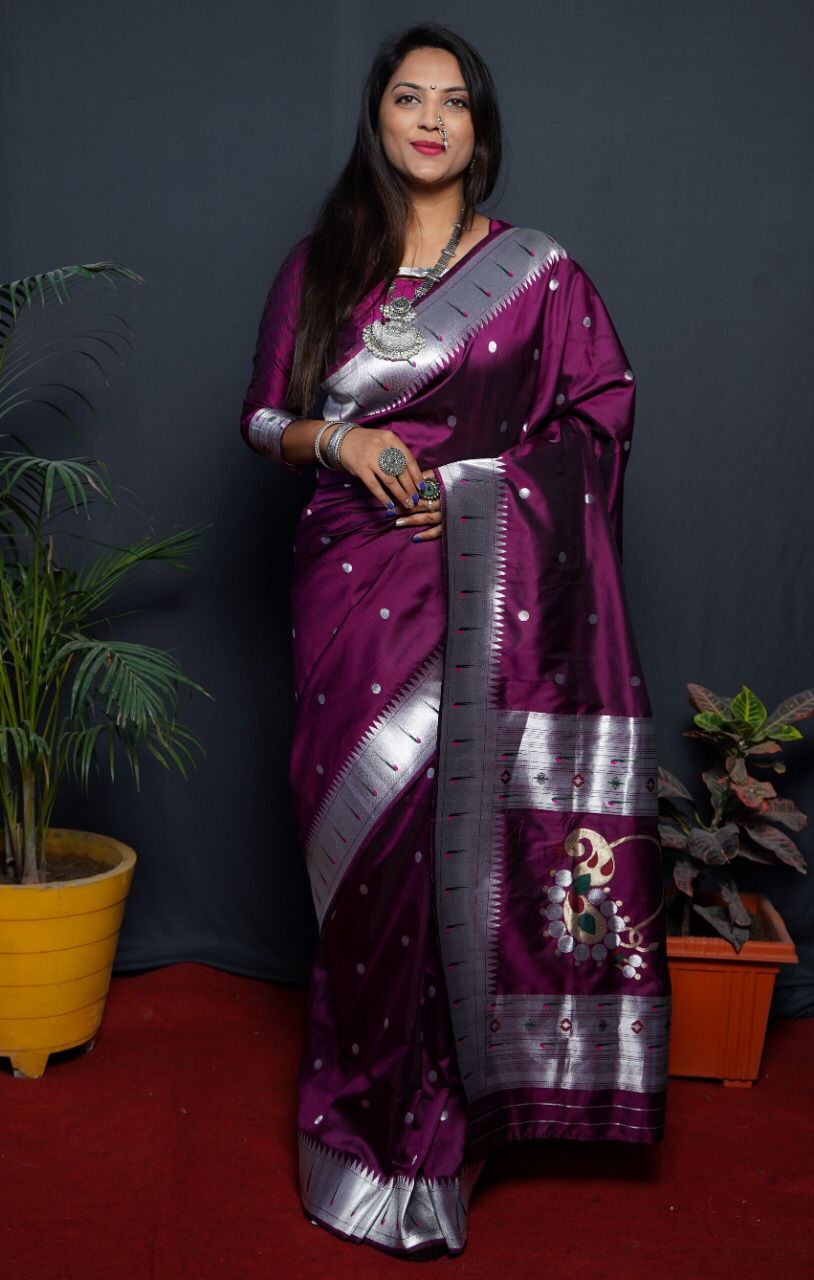 Violet Beautiful soft pure Silk Paithani Saree with Meenakari Work