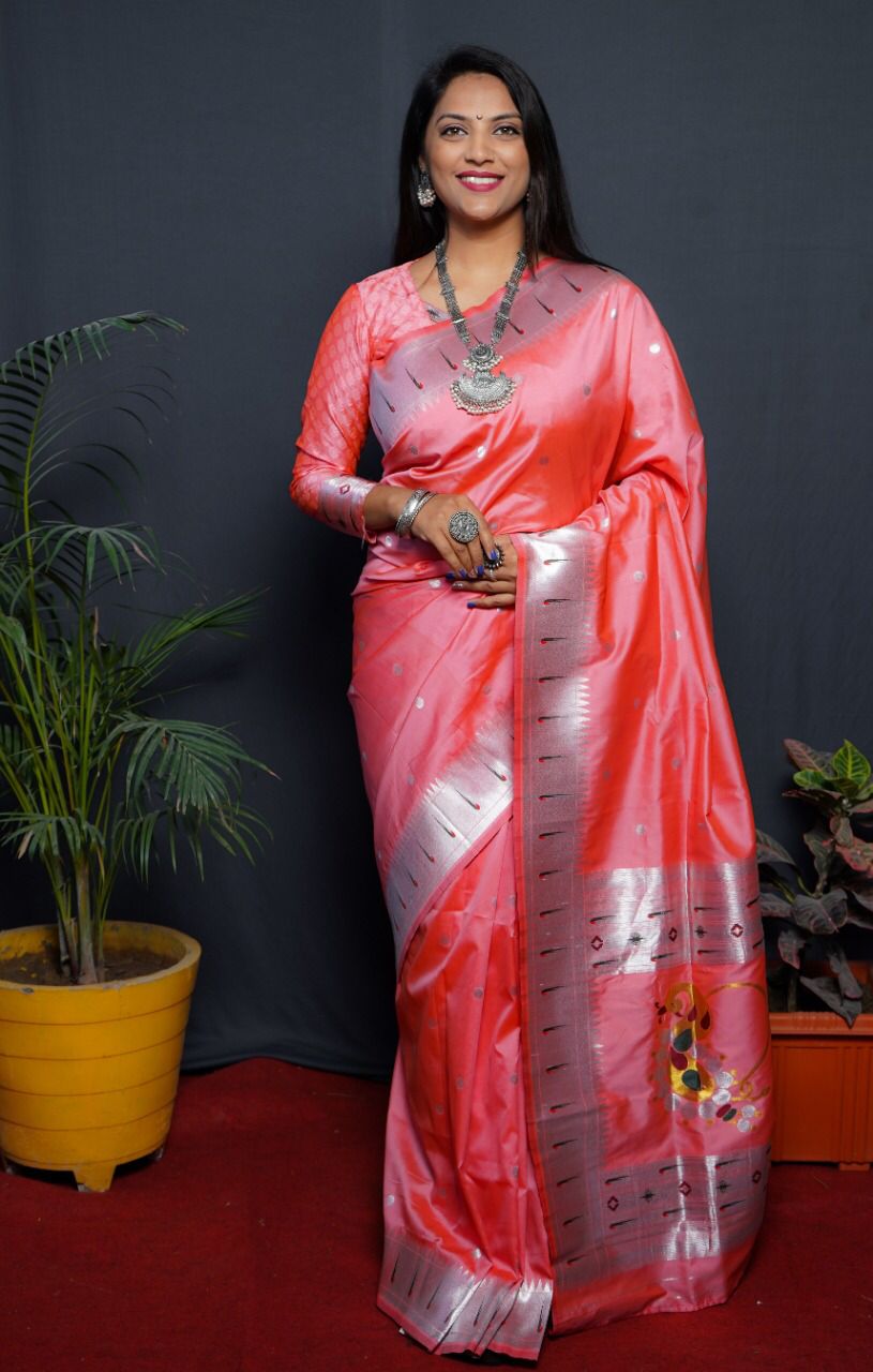 Peach Beautiful soft pure Silk Paithani Saree with Meenakari Work