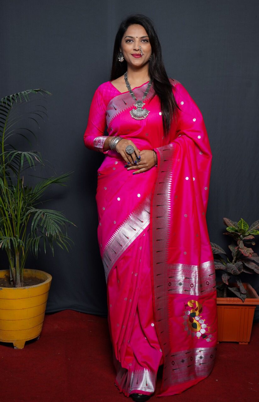 Pink Beautiful soft pure Silk Paithani Saree with Meenakari Work