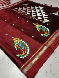 Maroon Color Khan Saree with Peacock design with Beautiful Saraswati Pallu