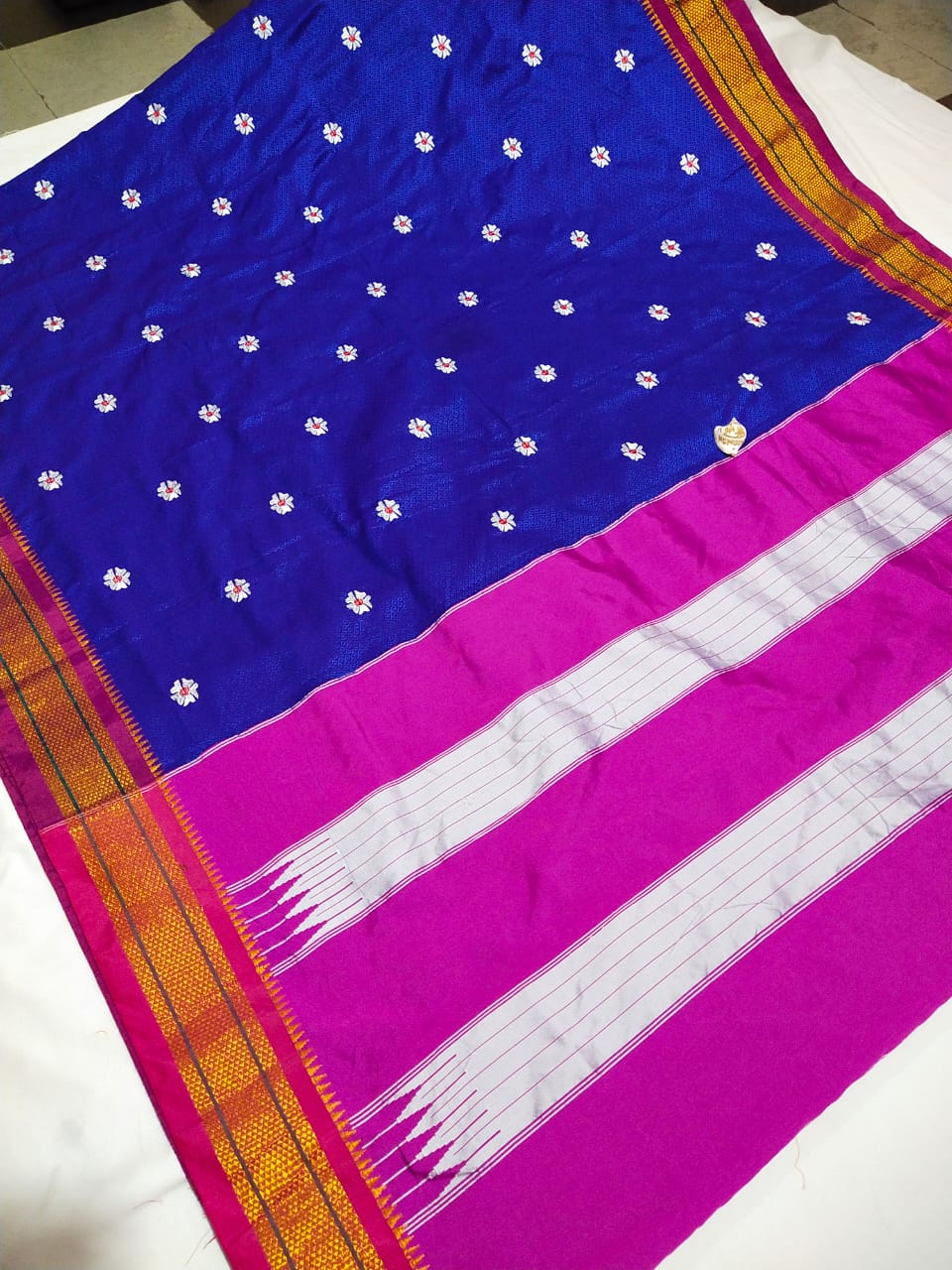 Blue & Pink Khan topa pallu saree with Paithani and Satin Border