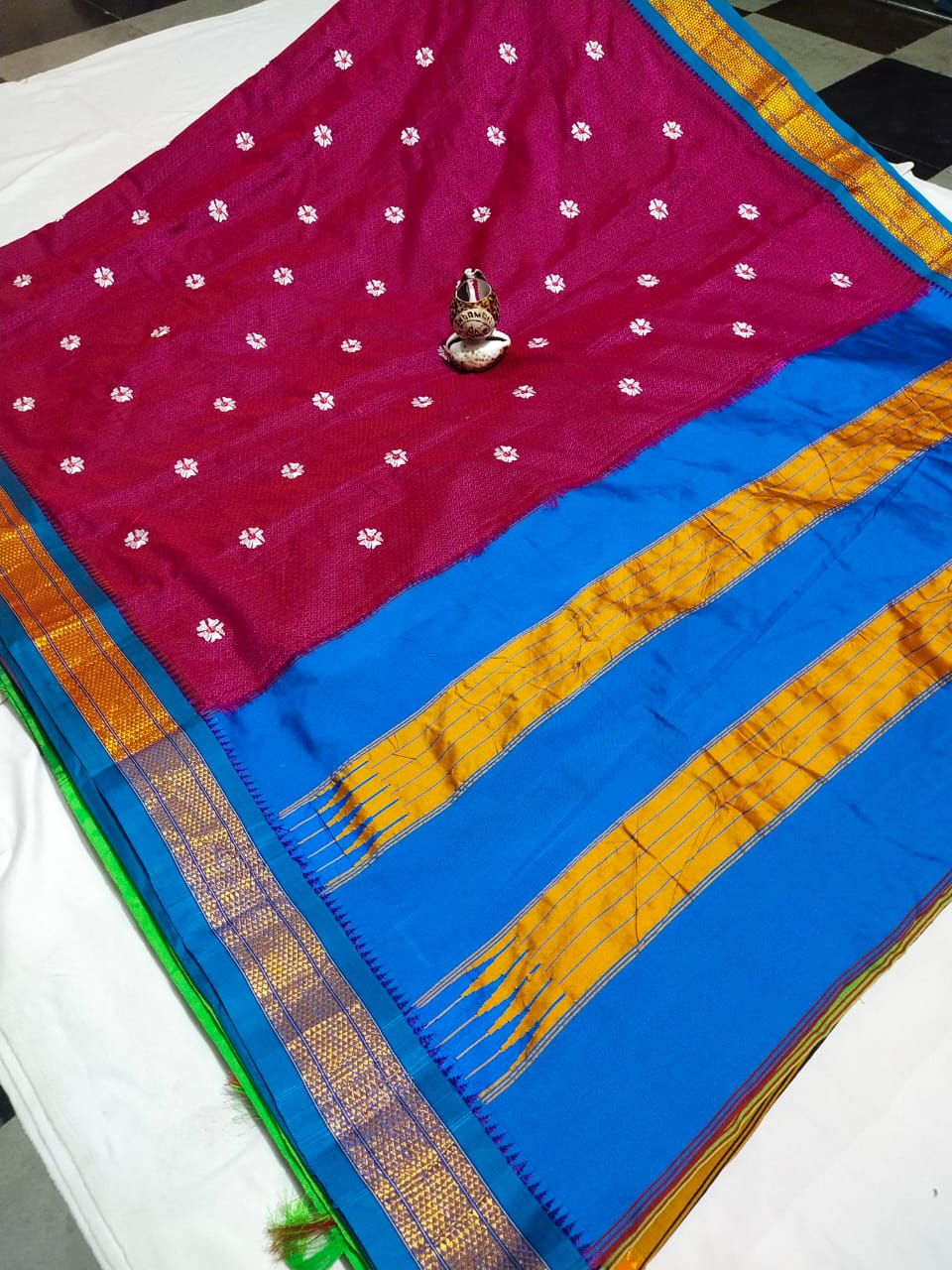 Pink & Blue Khan topa pallu saree with Paithani and Satin Border