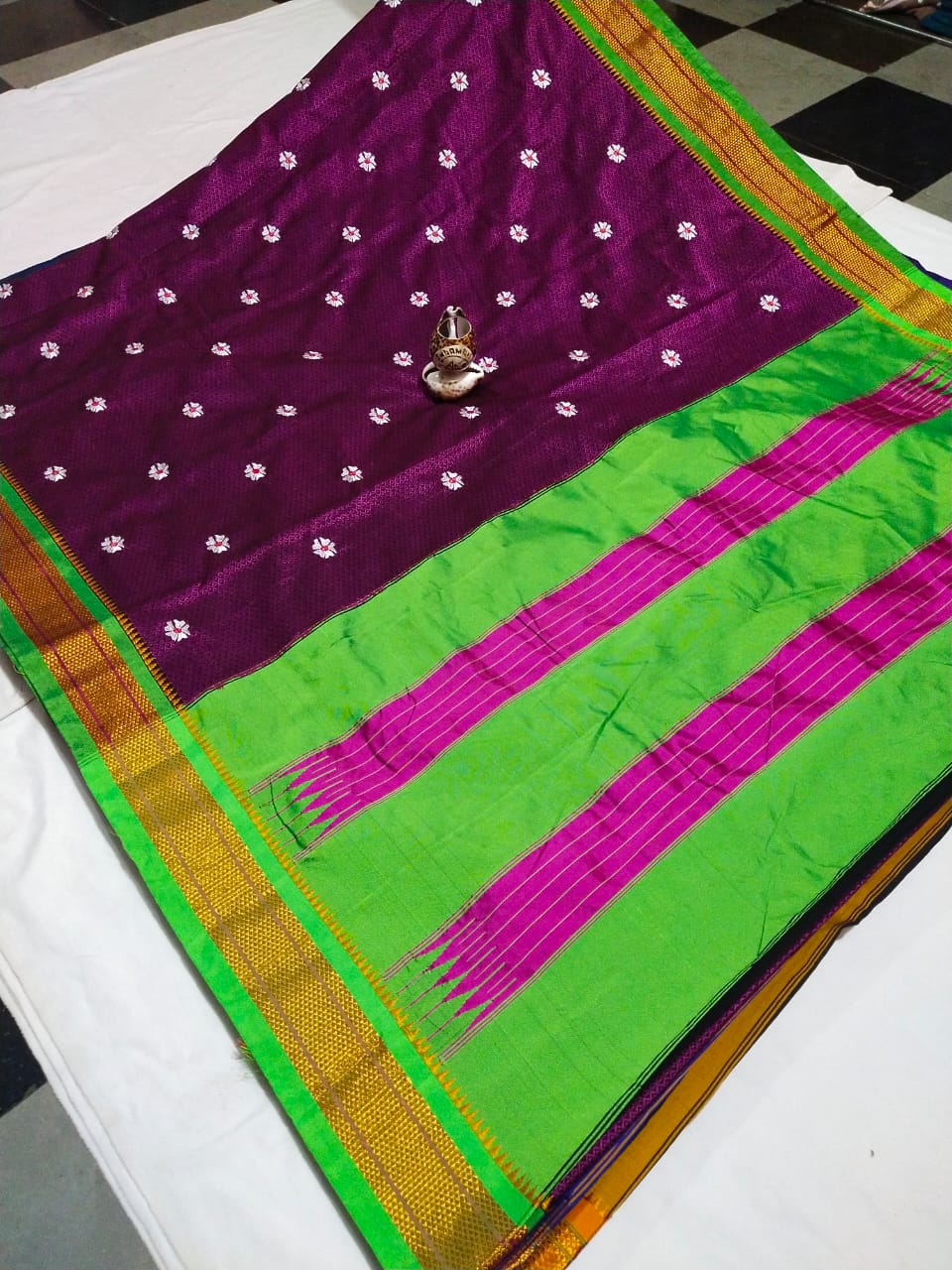 Violet & Green Khan topa pallu saree with Paithani and Satin Border