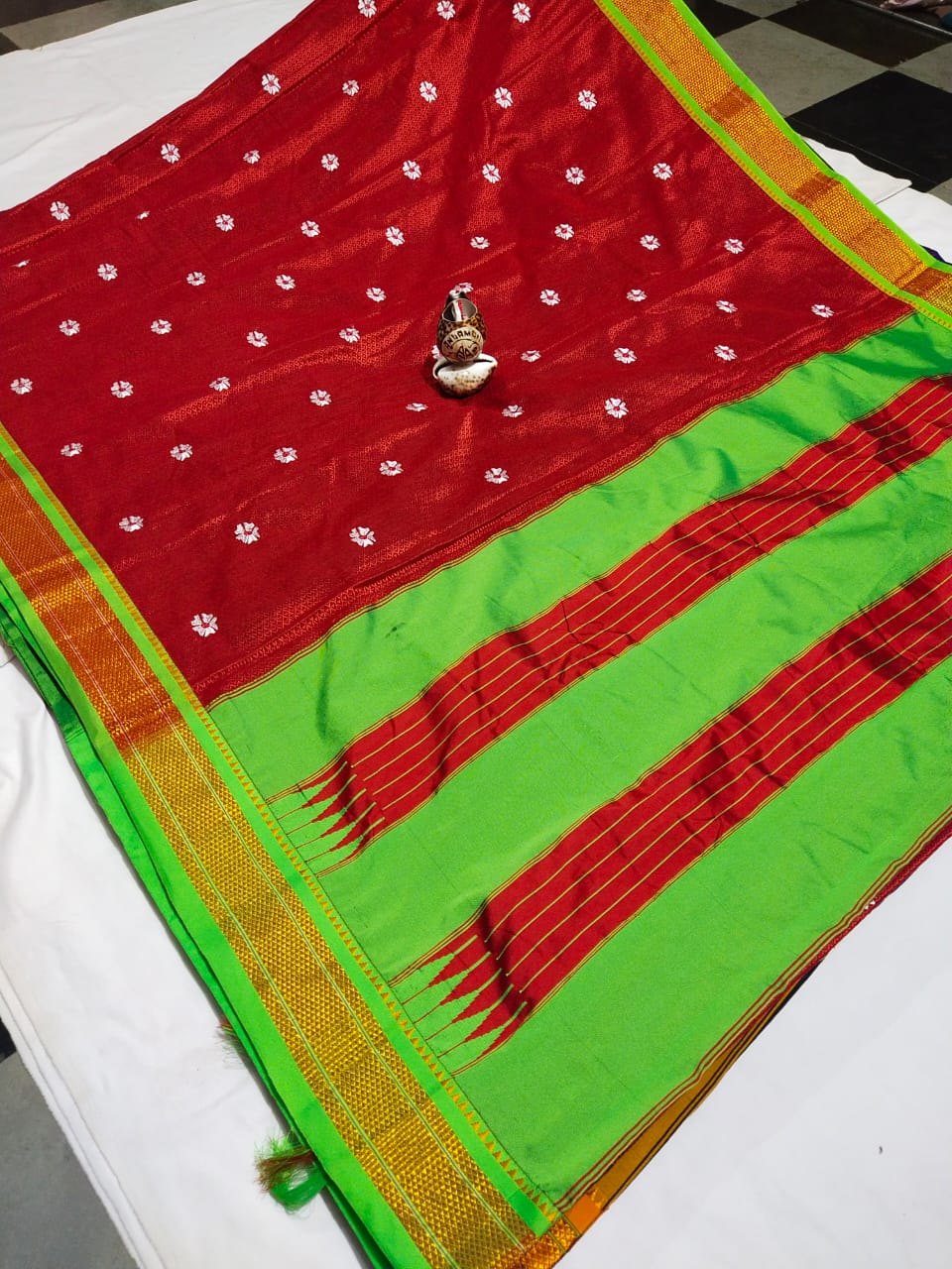 Red & Green Khan topa pallu saree with Paithani and Satin Border