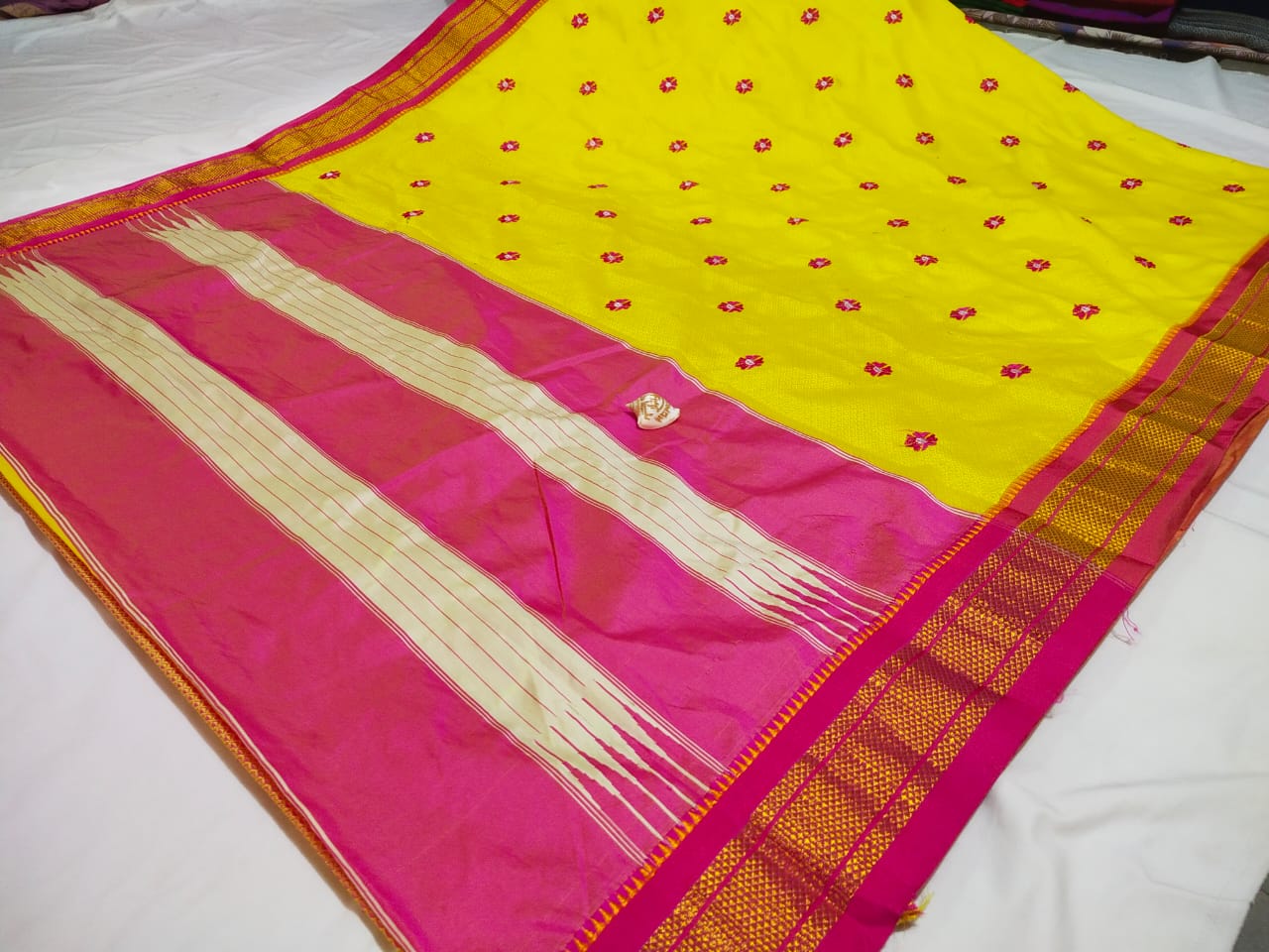 Yellow & Pink Khan topa pallu saree with Paithani and Satin Border