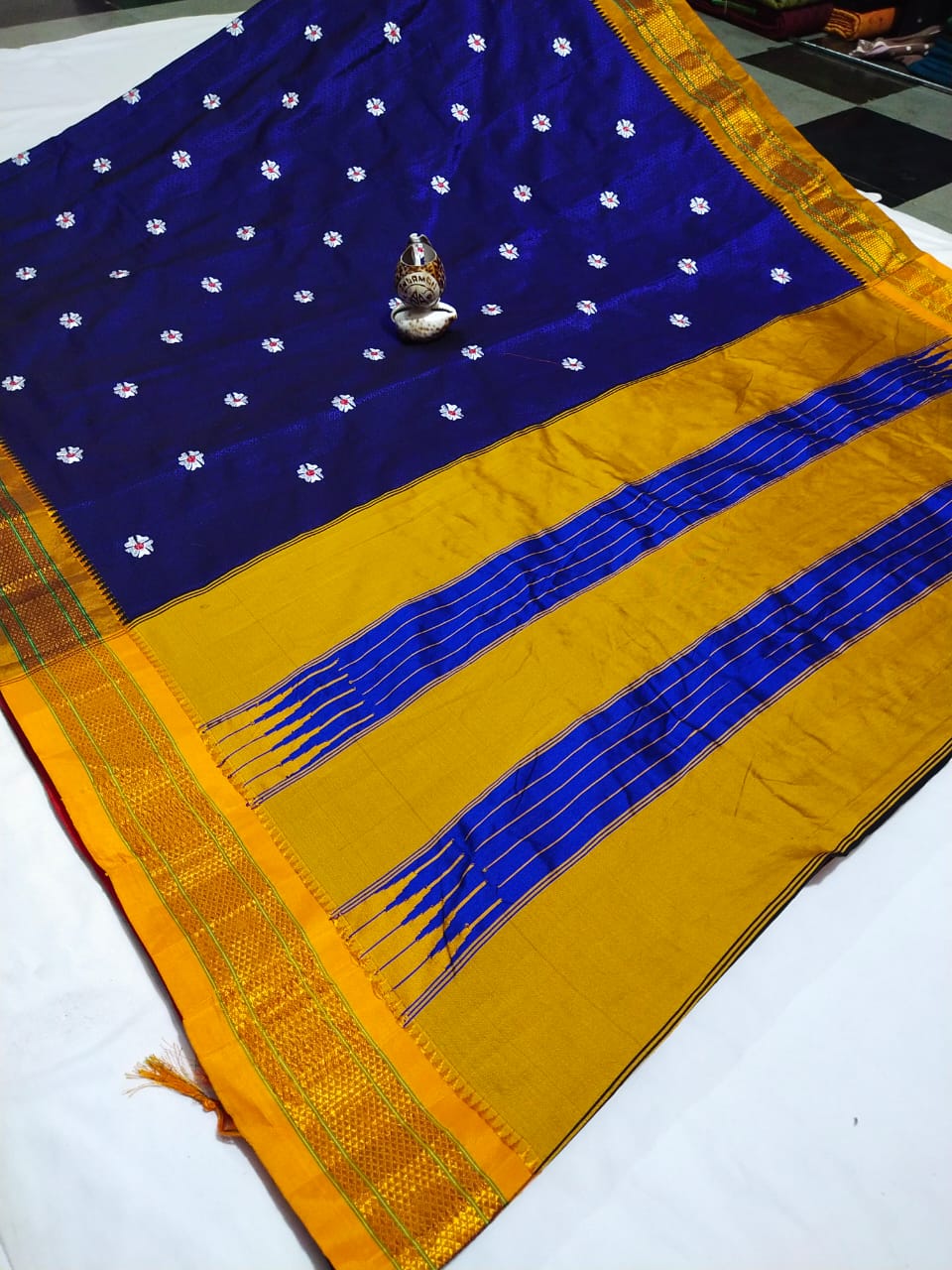 Blue & Yellow Khan topa pallu saree with Paithani and Satin Border