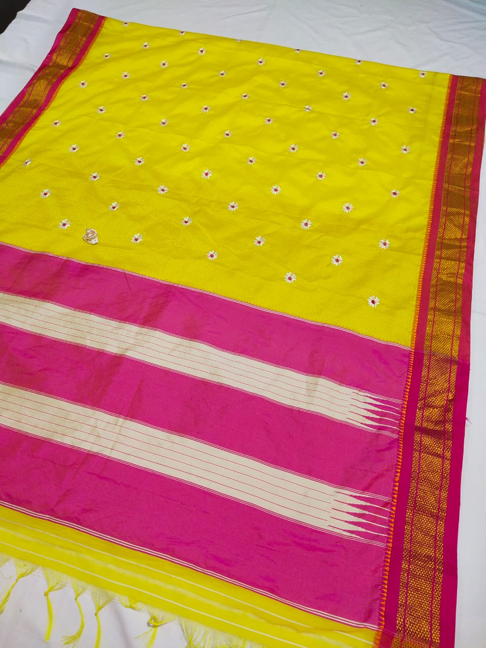 Yellow & Pink Khan topa pallu saree with Paithani and Satin Border