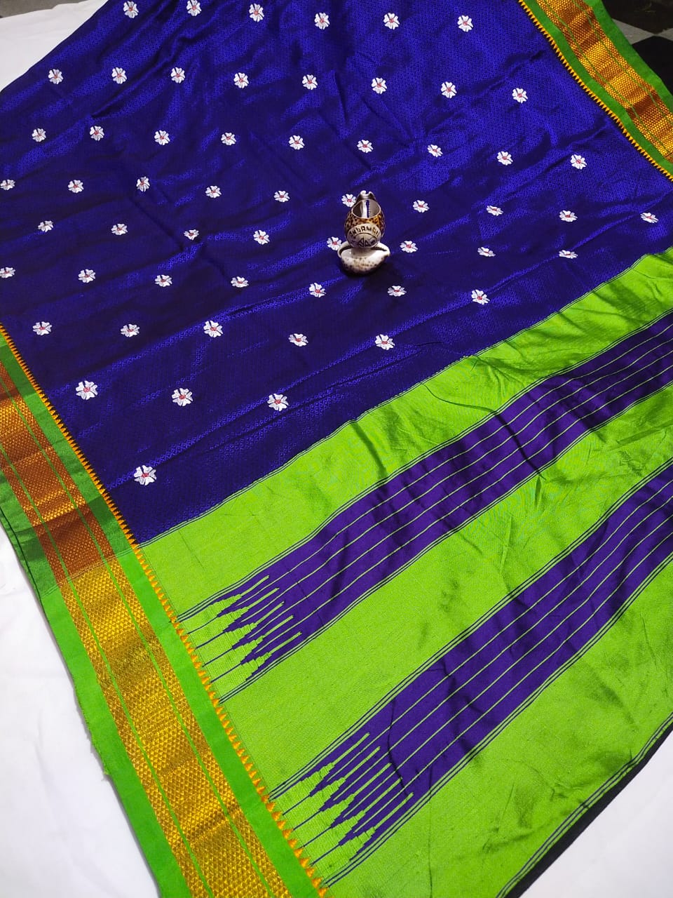 Blue & Green Khan topa pallu saree with Paithani and Satin Border