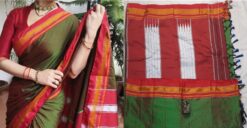 Green & Red Resham Blended cotton khan Saree