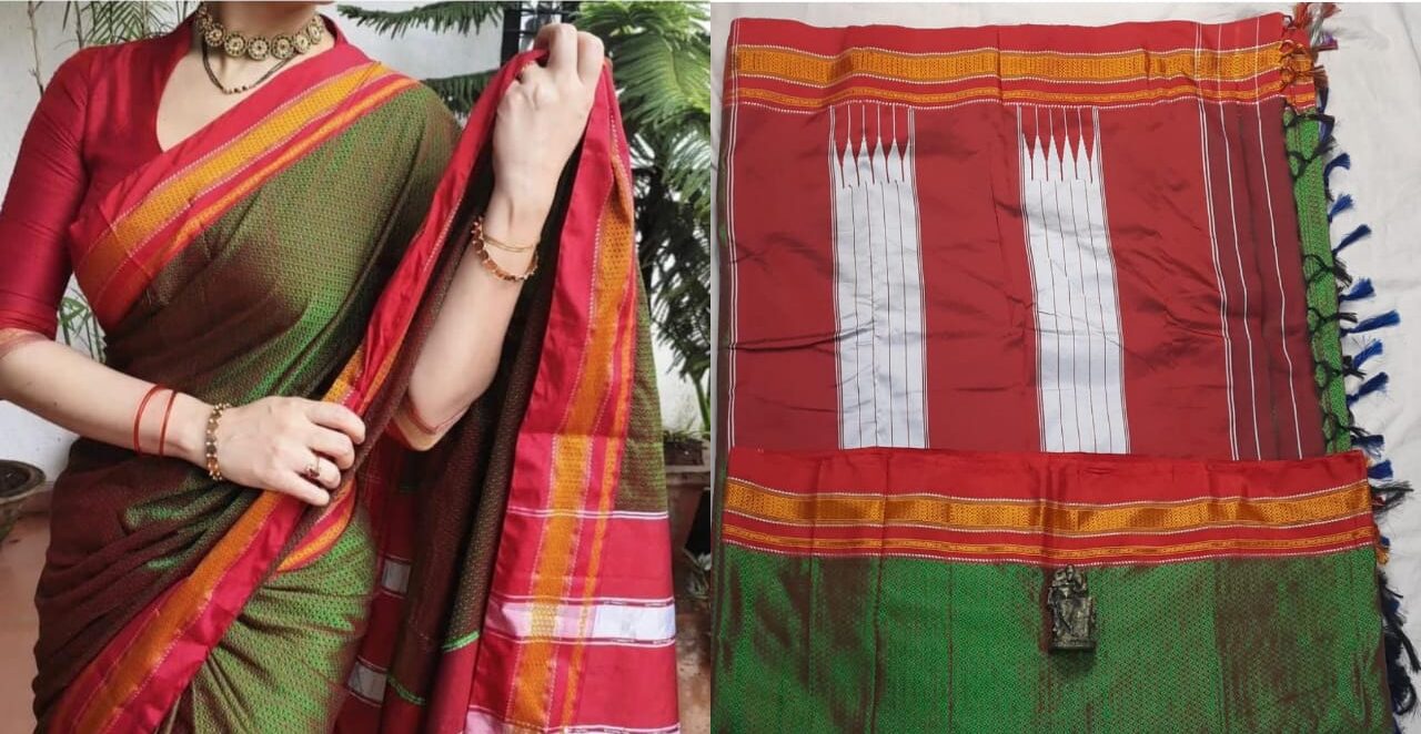 Green & Red Resham Blended cotton khan Saree