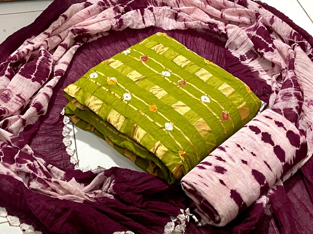 Cotton Bandhani Zari Dress Material