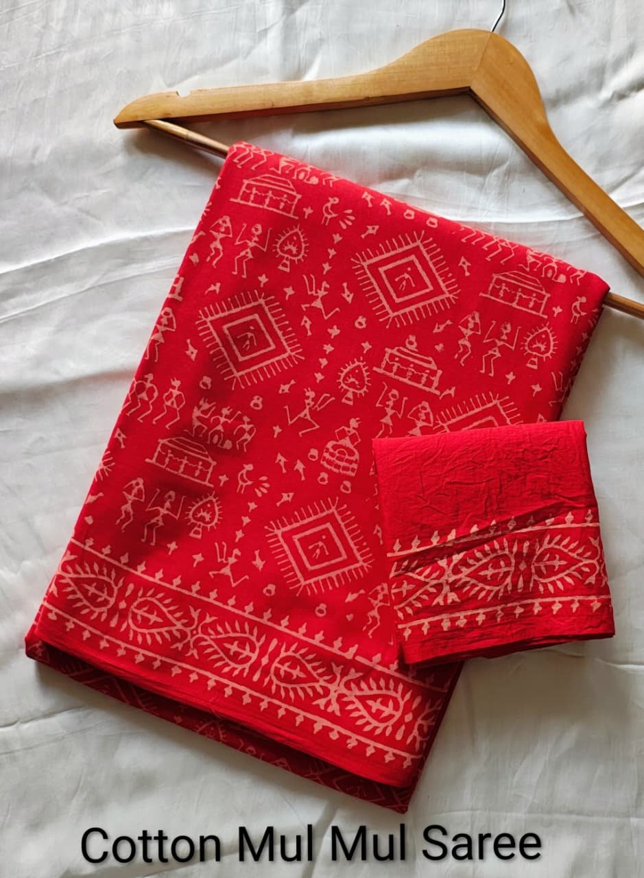 Hand block Printed Mul Cotton Saree with Blouse Piece