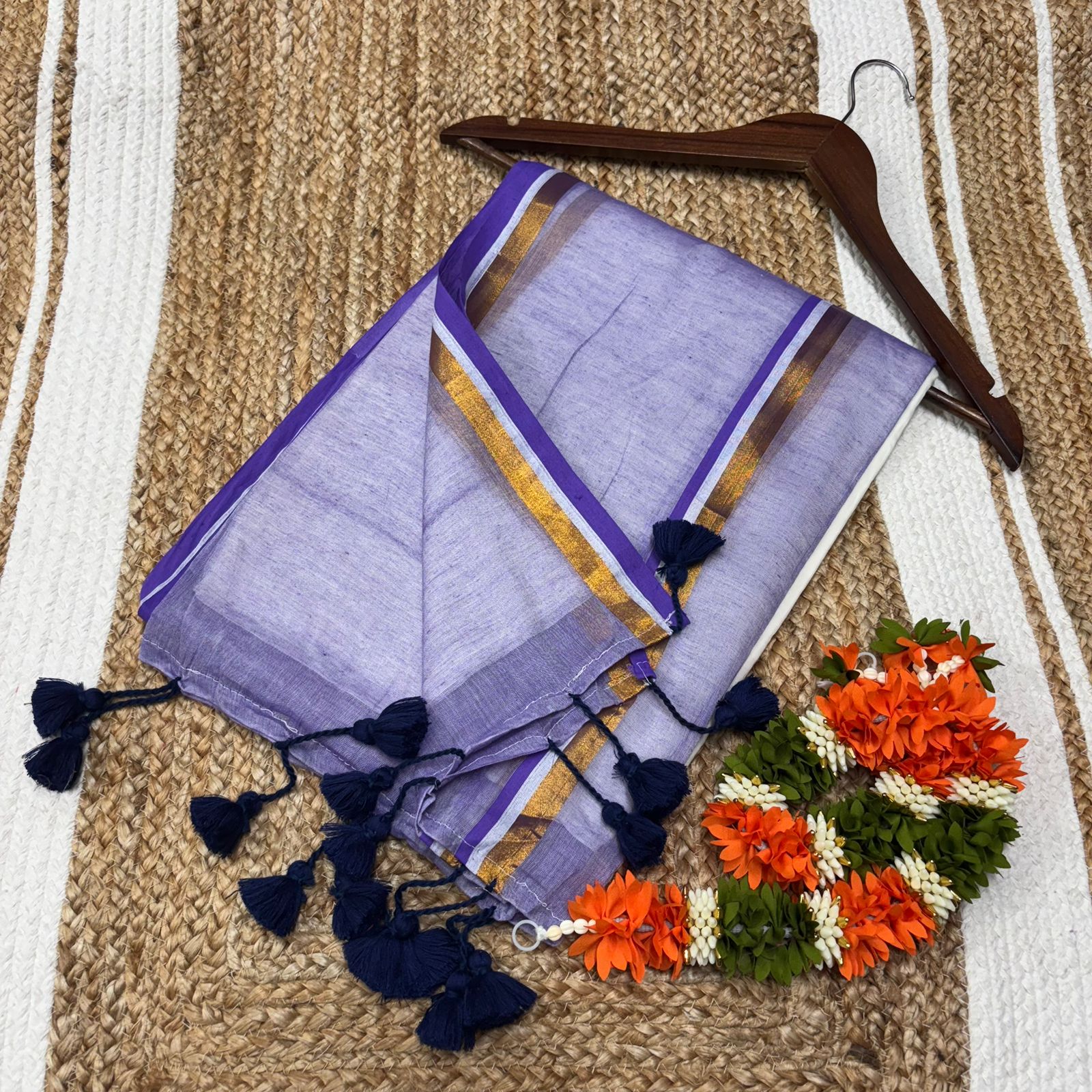White Mul Cotton Saree for Onam